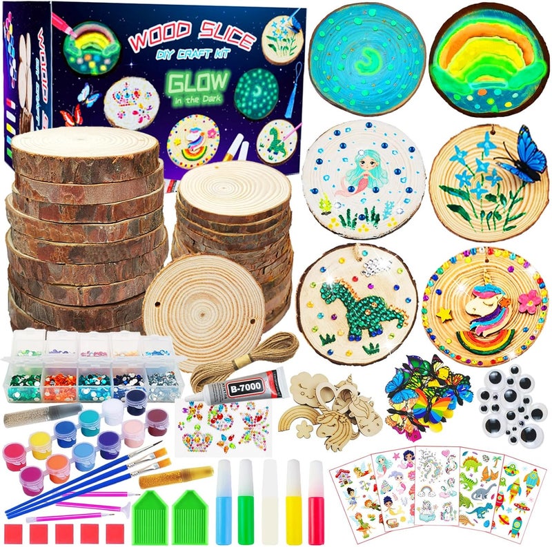 KIRKOTOY Wooden Crafts Kit for Kids-Glow in The Dark-Arts & Crafts Gifts for Boys Girls Age 6-12, 24 Wood Slices with Painting Craft Activities Kits, Creative Art Toys for 6 7 8 9 10 11 12 Year Old - Image 1